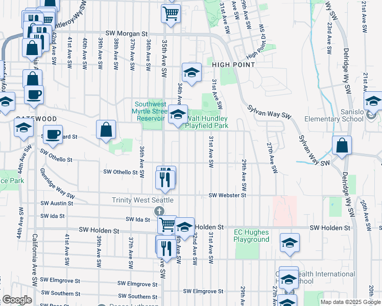 map of restaurants, bars, coffee shops, grocery stores, and more near 7141 32nd Avenue Southwest in Seattle