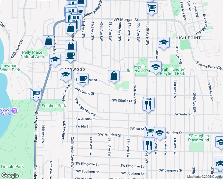 map of restaurants, bars, coffee shops, grocery stores, and more near 3843 Southwest Orchard Street in Seattle