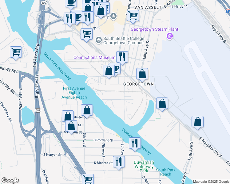 map of restaurants, bars, coffee shops, grocery stores, and more near 800 South Garden Street in Seattle