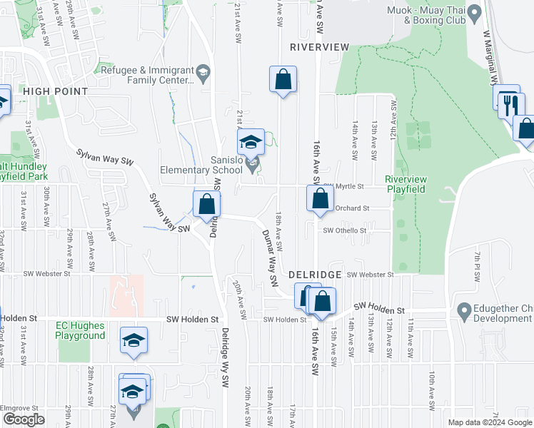 map of restaurants, bars, coffee shops, grocery stores, and more near 1827 Southwest Orchard Street in Seattle