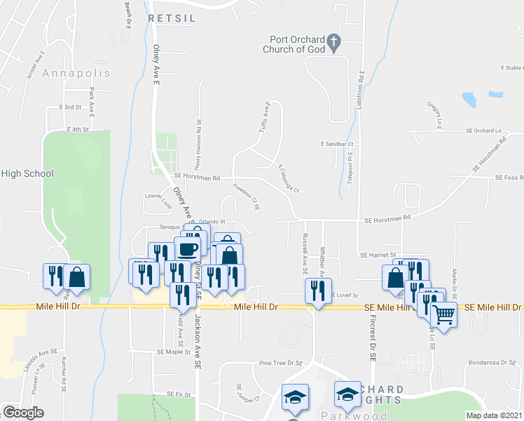 map of restaurants, bars, coffee shops, grocery stores, and more near 783 Freedom Court Southeast in Port Orchard