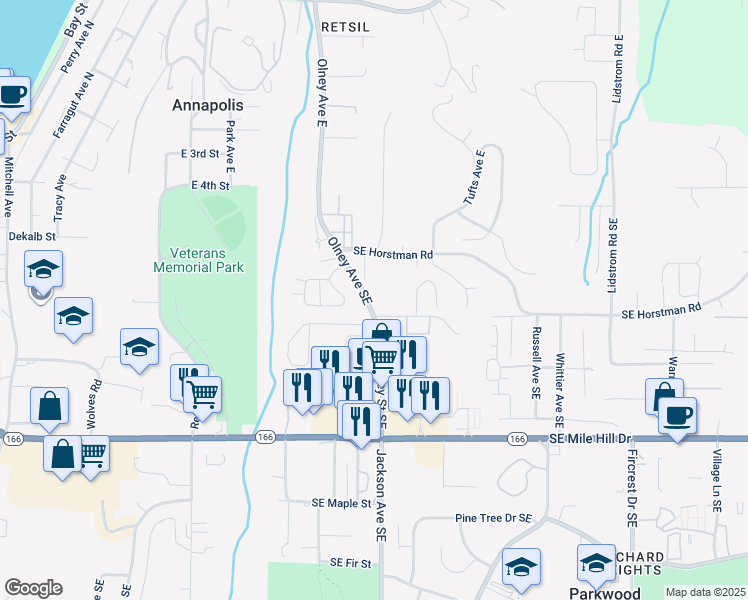 map of restaurants, bars, coffee shops, grocery stores, and more near 1222 Olney Street Southeast in Port Orchard