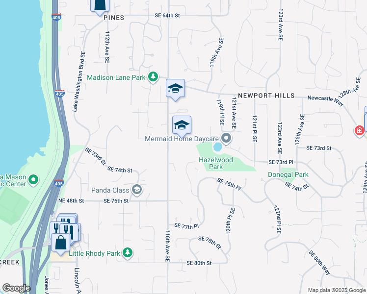 map of restaurants, bars, coffee shops, grocery stores, and more near 7100 116th Avenue Southeast in Newcastle