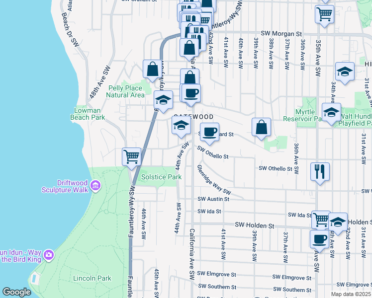 map of restaurants, bars, coffee shops, grocery stores, and more near 7308 44th Avenue Southwest in Seattle