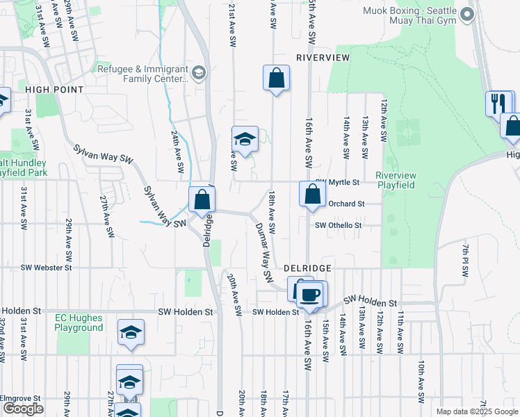 map of restaurants, bars, coffee shops, grocery stores, and more near 1827 Southwest Orchard Street in Seattle