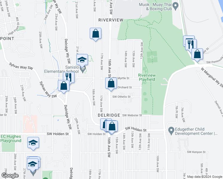 map of restaurants, bars, coffee shops, grocery stores, and more near 1299 Southwest Orchard Street in Seattle