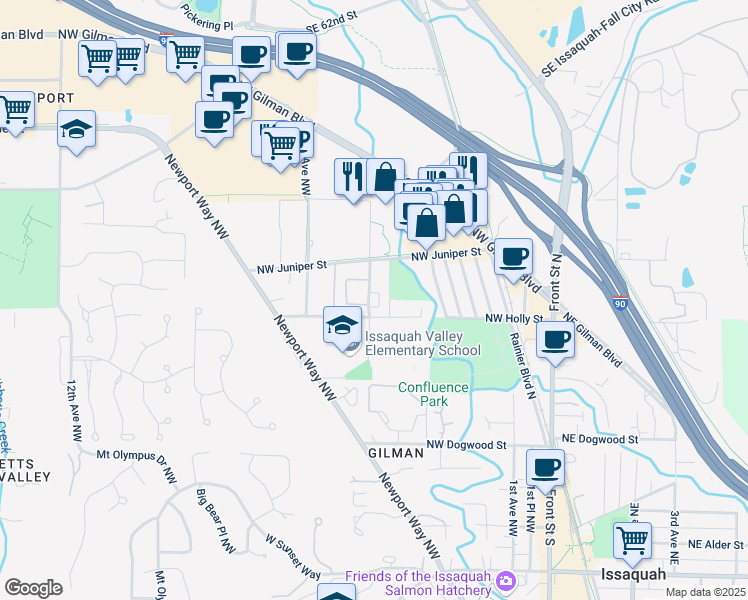 map of restaurants, bars, coffee shops, grocery stores, and more near 755 5th Avenue Northwest in Issaquah