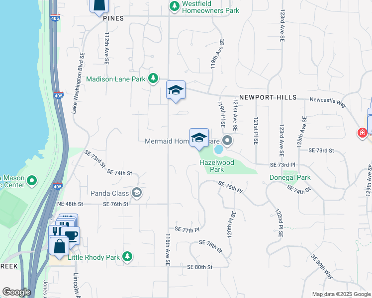 map of restaurants, bars, coffee shops, grocery stores, and more near 7100 116th Avenue Southeast in Newcastle