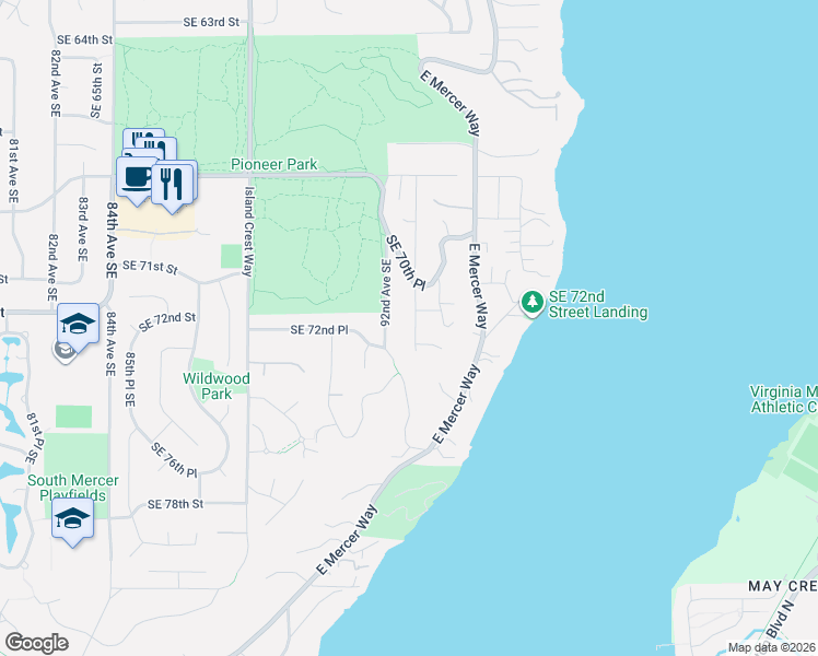 map of restaurants, bars, coffee shops, grocery stores, and more near 7215 93rd Avenue Southeast in Mercer Island