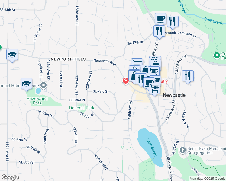 map of restaurants, bars, coffee shops, grocery stores, and more near 12726 Southeast 73rd Street in Newcastle