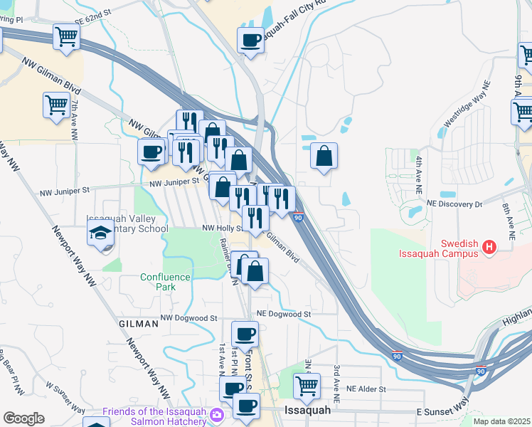 map of restaurants, bars, coffee shops, grocery stores, and more near 80 Northeast Gilman Boulevard in Issaquah