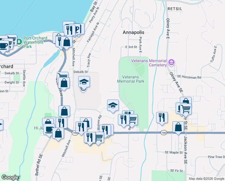 map of restaurants, bars, coffee shops, grocery stores, and more near 1847 Redwood Drive in Port Orchard