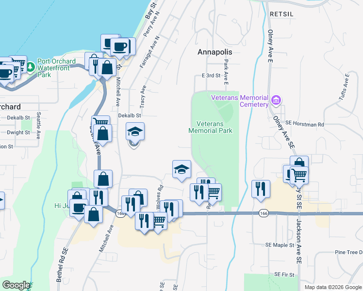 map of restaurants, bars, coffee shops, grocery stores, and more near 1847 Redwood Drive in Port Orchard