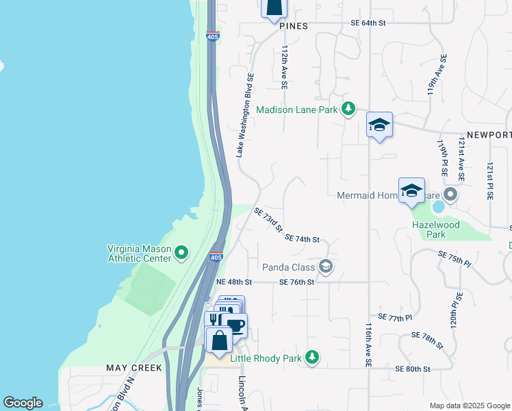map of restaurants, bars, coffee shops, grocery stores, and more near 4904 Lake Washington Boulevard Southeast in Renton