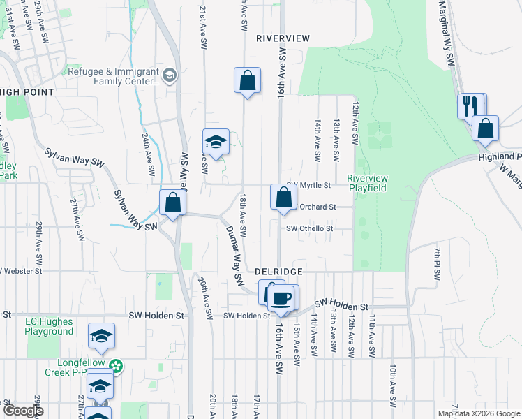 map of restaurants, bars, coffee shops, grocery stores, and more near 17th Avenue Southwest in Seattle