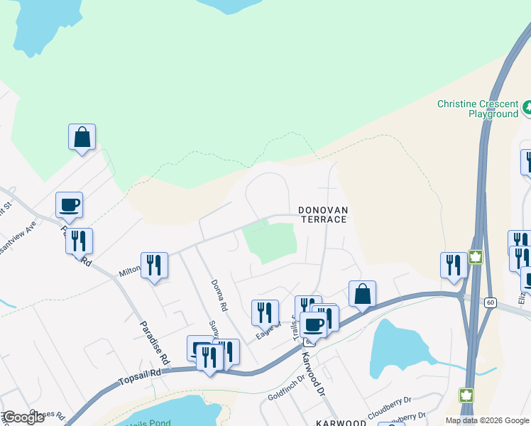 map of restaurants, bars, coffee shops, grocery stores, and more near 95 Milton Road in Paradise