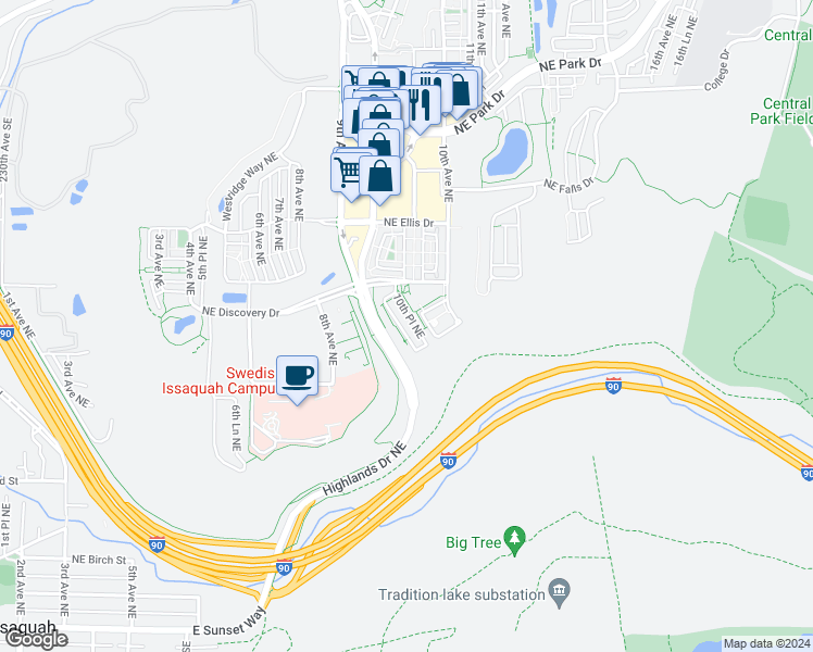 map of restaurants, bars, coffee shops, grocery stores, and more near 961 10th Place Northeast in Issaquah