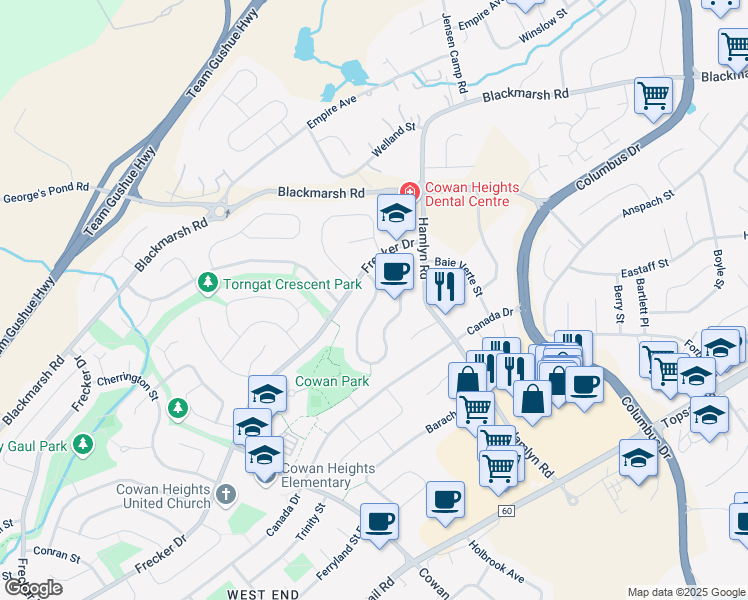 map of restaurants, bars, coffee shops, grocery stores, and more near Greenspond Drive in St. John's