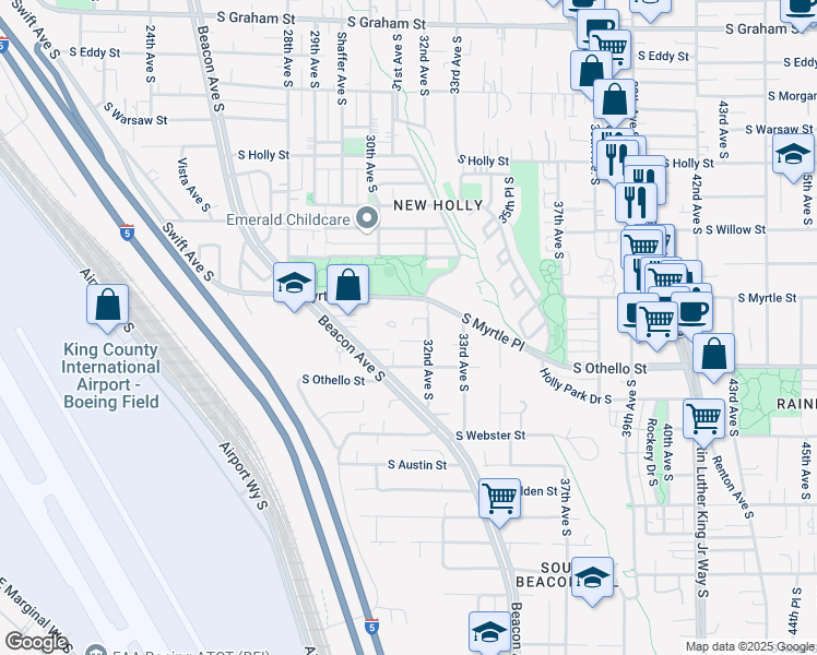 map of restaurants, bars, coffee shops, grocery stores, and more near 7119 32nd Avenue South in Seattle