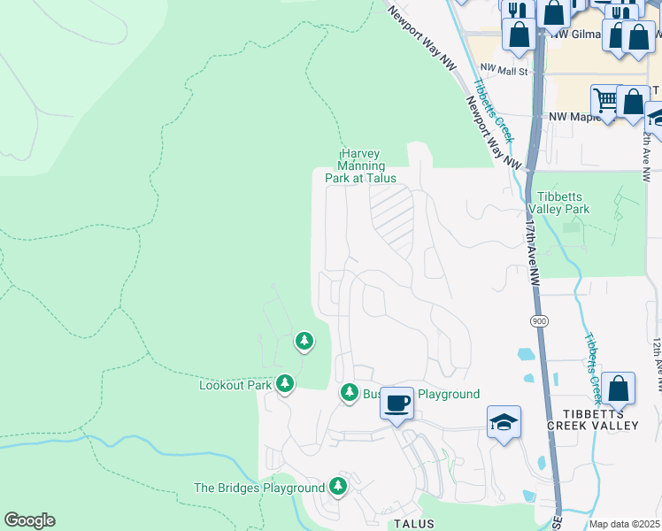 map of restaurants, bars, coffee shops, grocery stores, and more near 704 Summerhill Ridge Drive Northwest in Issaquah