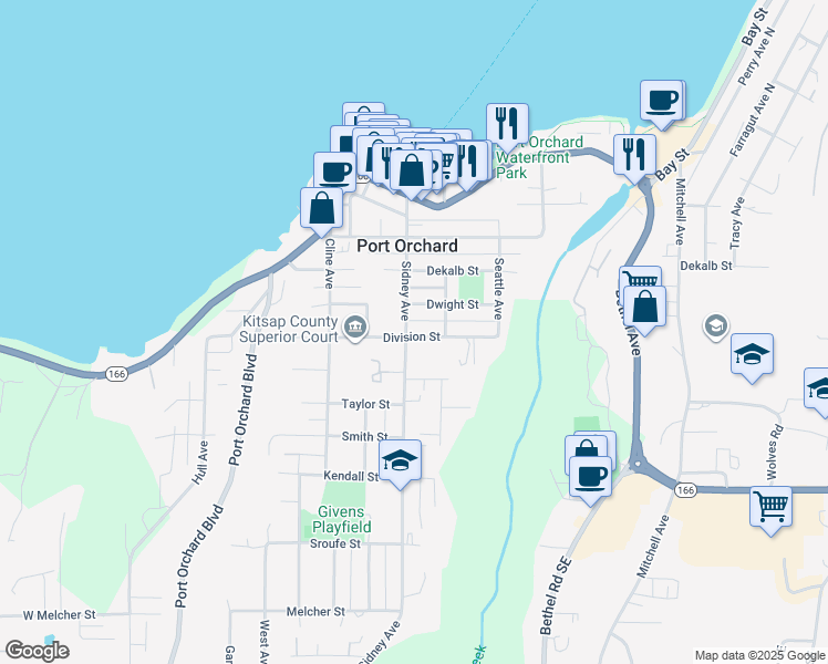 map of restaurants, bars, coffee shops, grocery stores, and more near 820 Division Street in Port Orchard