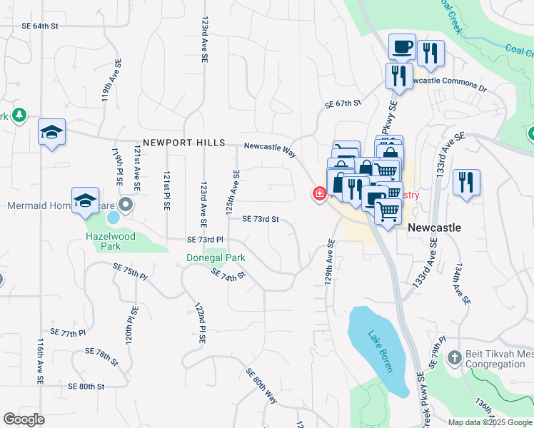 map of restaurants, bars, coffee shops, grocery stores, and more near 12548 Southeast 73rd Street in Newcastle