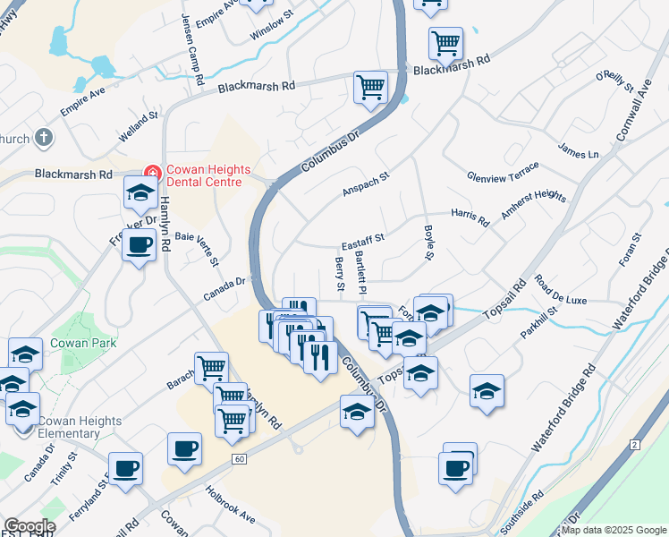 map of restaurants, bars, coffee shops, grocery stores, and more near 13 Berry Street in St. John's