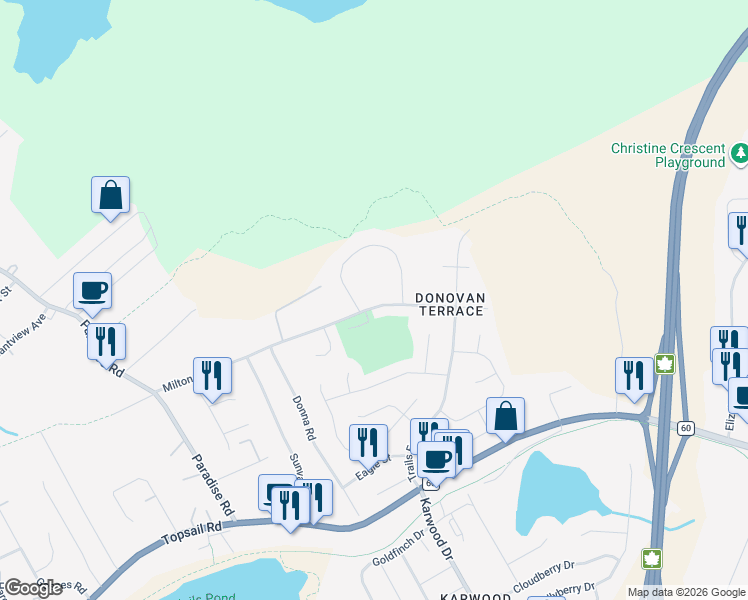 map of restaurants, bars, coffee shops, grocery stores, and more near 95 Milton Road in Paradise