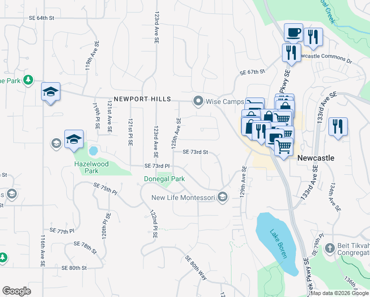 map of restaurants, bars, coffee shops, grocery stores, and more near 12520 Southeast 73rd Street in Newcastle