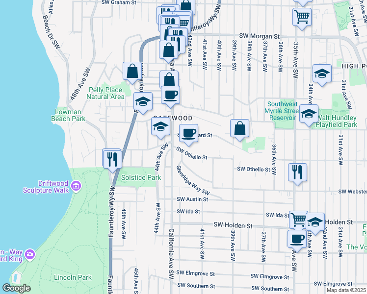 map of restaurants, bars, coffee shops, grocery stores, and more near 4120 Southwest Othello Street in Seattle