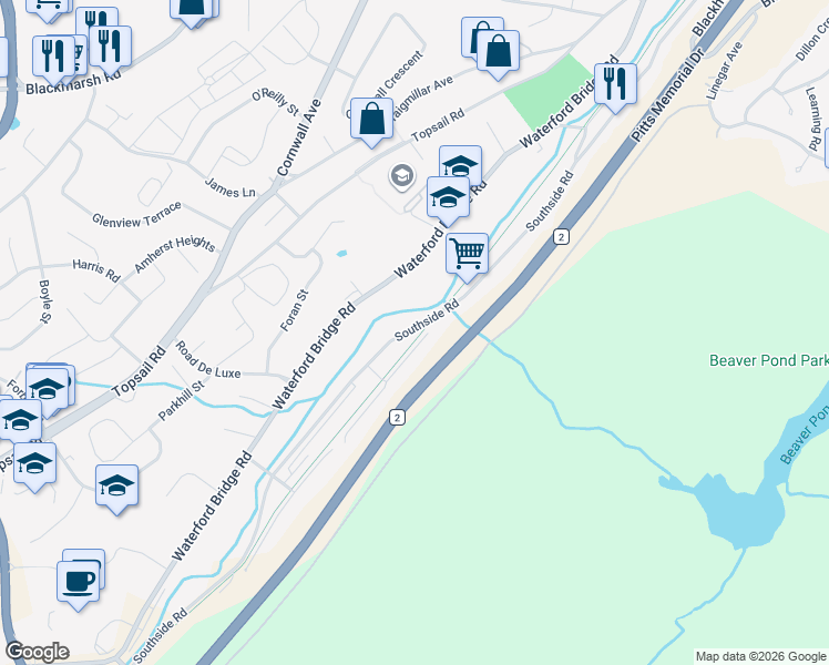 map of restaurants, bars, coffee shops, grocery stores, and more near 635 Southside Road in St. John's