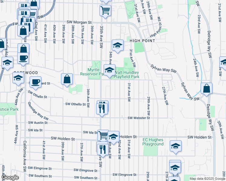 map of restaurants, bars, coffee shops, grocery stores, and more near 7141 32nd Avenue Southwest in Seattle