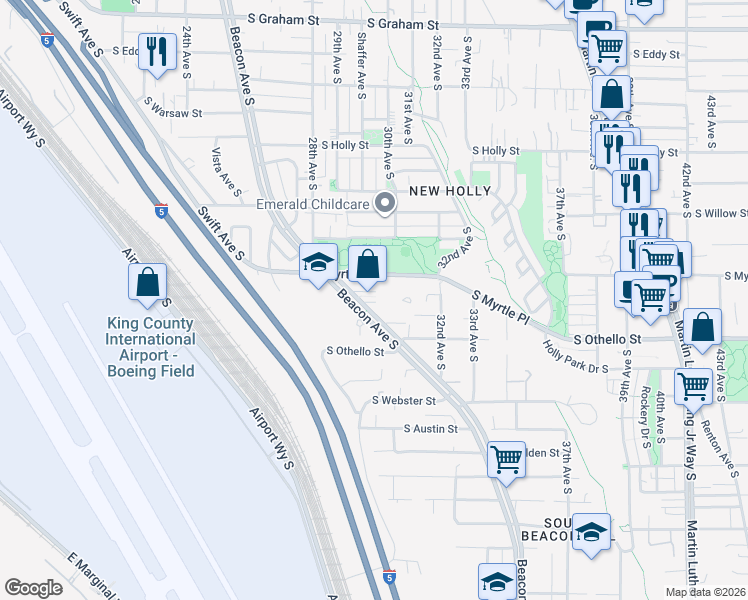 map of restaurants, bars, coffee shops, grocery stores, and more near 7144 Beacon Avenue South in Seattle