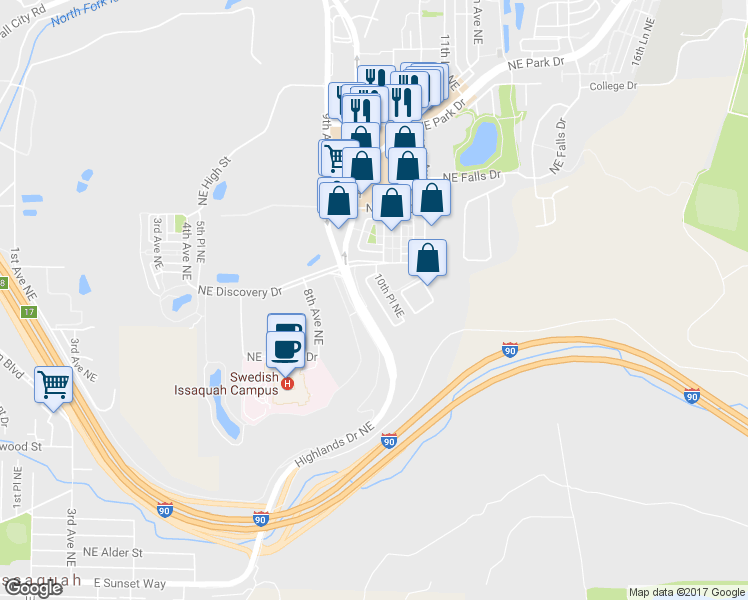 map of restaurants, bars, coffee shops, grocery stores, and more near 961 10th Place Northeast in Issaquah
