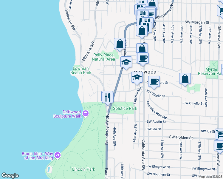 map of restaurants, bars, coffee shops, grocery stores, and more near 4622 Southwest Othello Street in Seattle