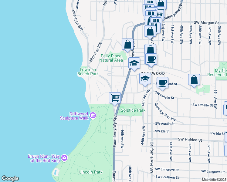 map of restaurants, bars, coffee shops, grocery stores, and more near 4622 Southwest Othello Street in Seattle