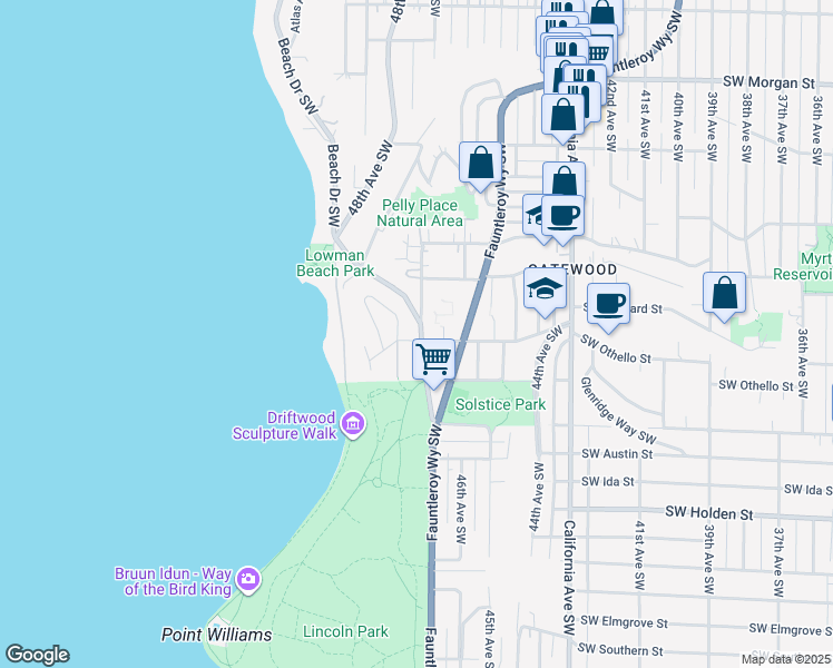 map of restaurants, bars, coffee shops, grocery stores, and more near 7302 Wright Avenue Southwest in Seattle