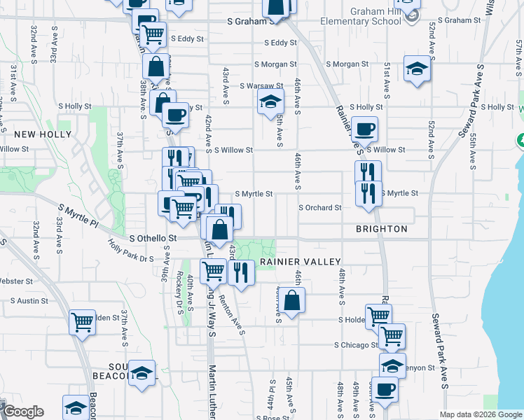 map of restaurants, bars, coffee shops, grocery stores, and more near 7122 44th Avenue South in Seattle
