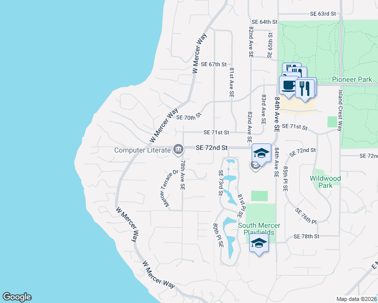 map of restaurants, bars, coffee shops, grocery stores, and more near 7204 78th Avenue Southeast in Mercer Island