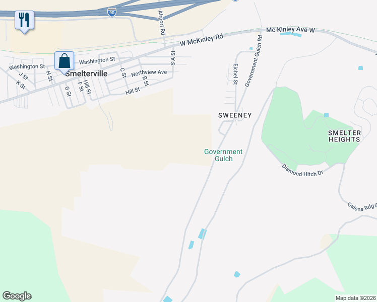 map of restaurants, bars, coffee shops, grocery stores, and more near 610 Government Gulch Road in Smelterville