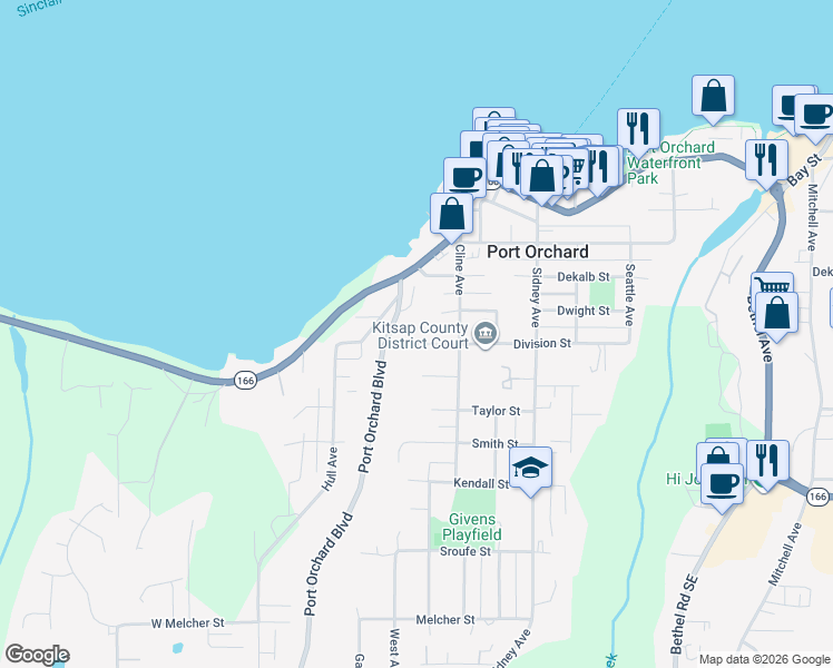 map of restaurants, bars, coffee shops, grocery stores, and more near 504 Division Street in Port Orchard