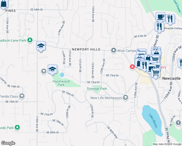 map of restaurants, bars, coffee shops, grocery stores, and more near 7210 122nd Avenue Southeast in Newcastle