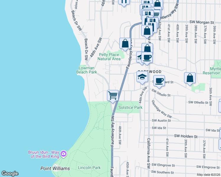 map of restaurants, bars, coffee shops, grocery stores, and more near 7146 47th Avenue Southwest in Seattle