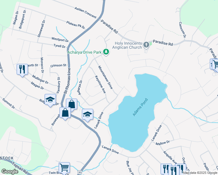 map of restaurants, bars, coffee shops, grocery stores, and more near 11 Mountaineer Drive in Paradise