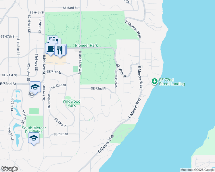 map of restaurants, bars, coffee shops, grocery stores, and more near 9130 Southeast 72nd Place in Mercer Island