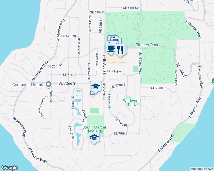 map of restaurants, bars, coffee shops, grocery stores, and more near 8510 Southeast 72nd Street in Mercer Island
