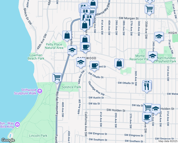 map of restaurants, bars, coffee shops, grocery stores, and more near 4120 Southwest Othello Street in Seattle