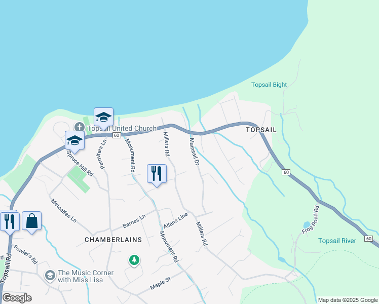 map of restaurants, bars, coffee shops, grocery stores, and more near 12 Mainsail Drive in Conception Bay South