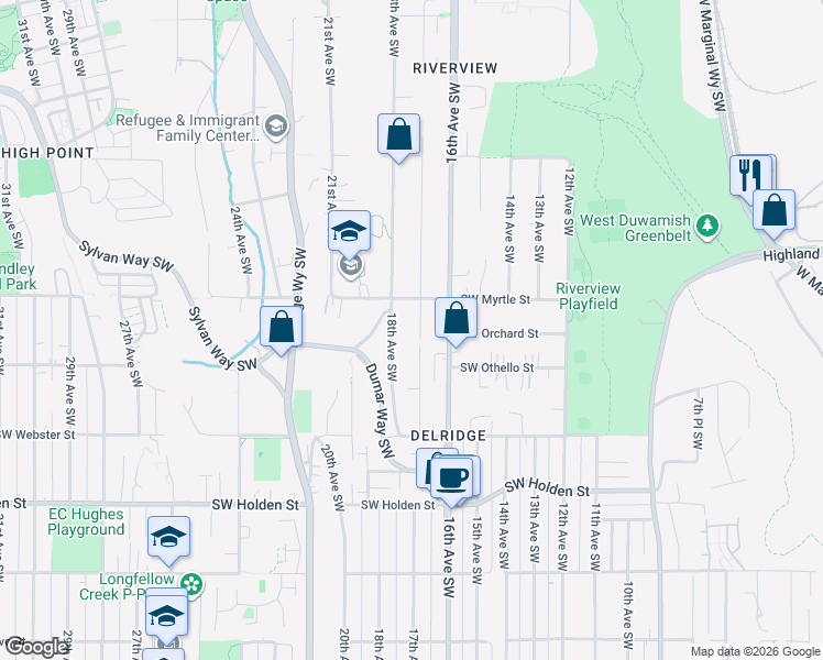 map of restaurants, bars, coffee shops, grocery stores, and more near 7205 17th Avenue Southwest in Seattle