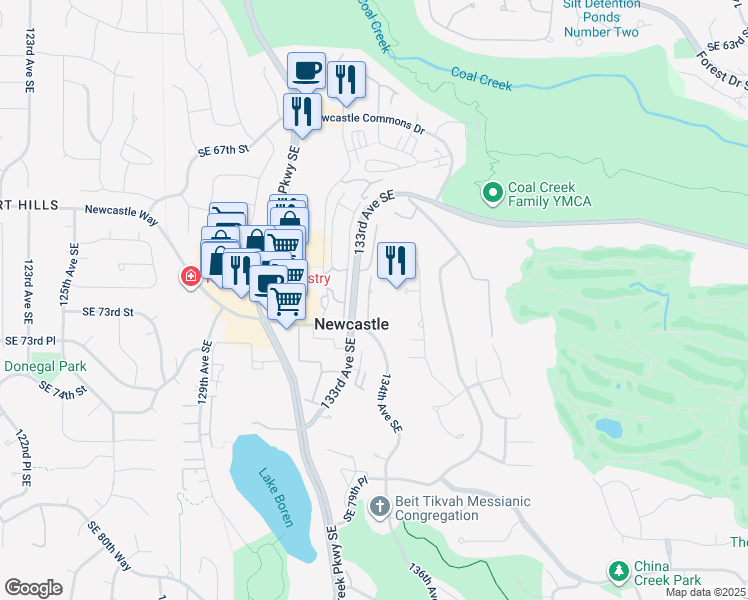 map of restaurants, bars, coffee shops, grocery stores, and more near 13209 Newcastle Way in Newcastle